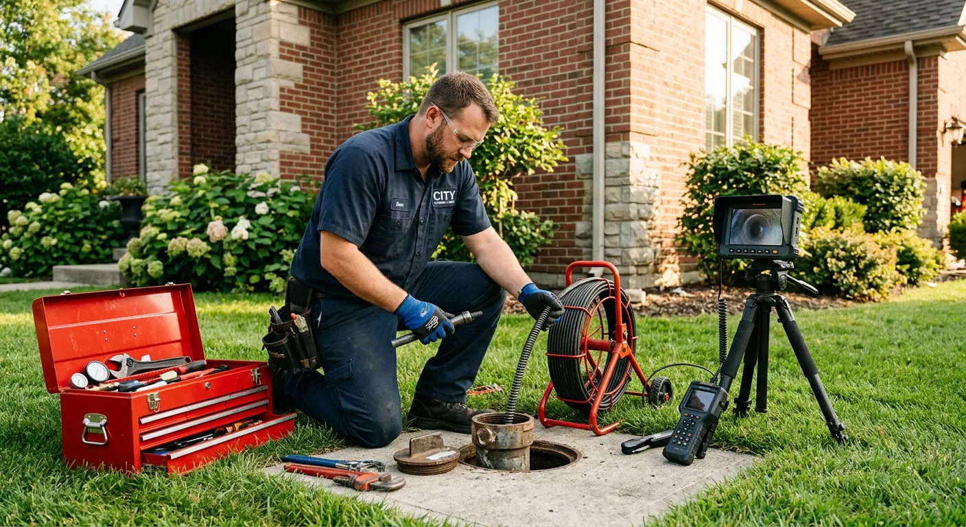Sewer specialist with camera equipment servicing a cleanout in Marion