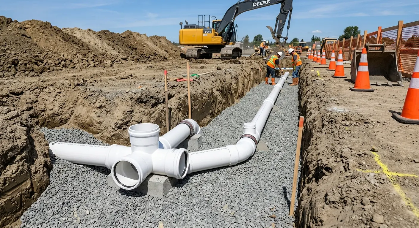 New PVC sewer pipe installation in open trench for Commercial Drain Cleaning in Marion